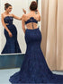 Mermaid Dark Navy Lace Scoop Prom Dresses LBQ2696
